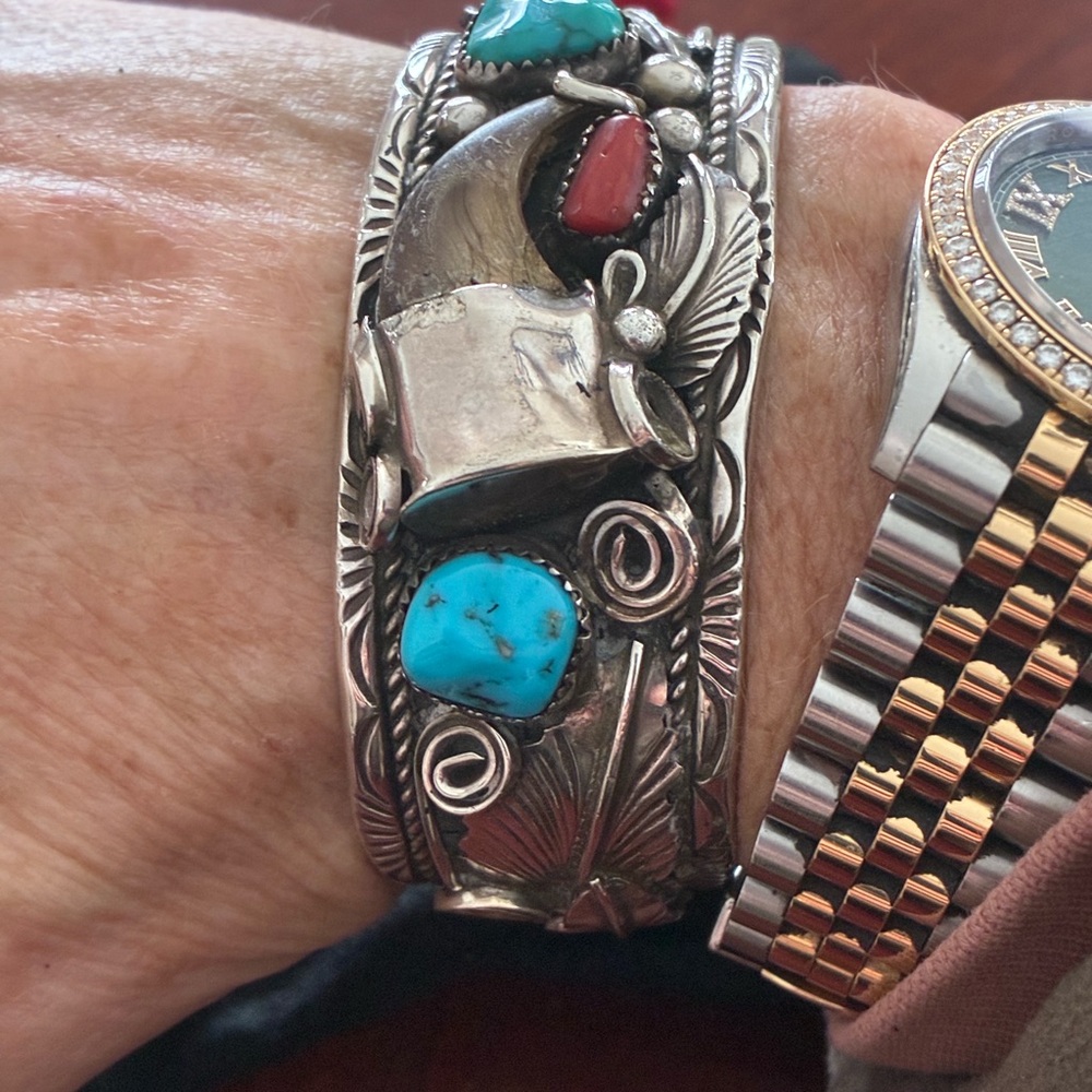 Artisan Silver Bracelet with Turquoise and Red Accents